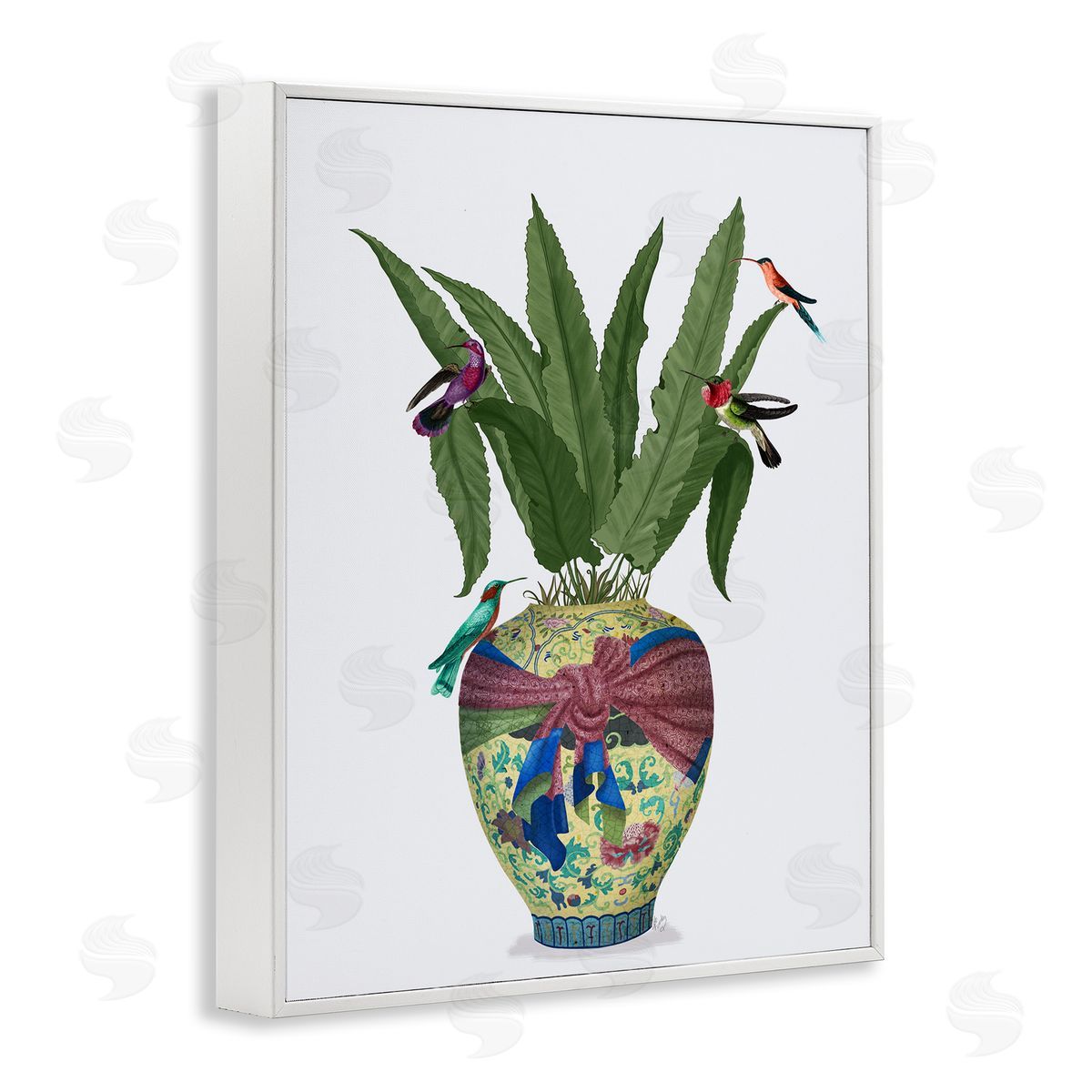 Traditional Birds on Planter White Frame Print Wall Art, Home Decor by Fab Funky