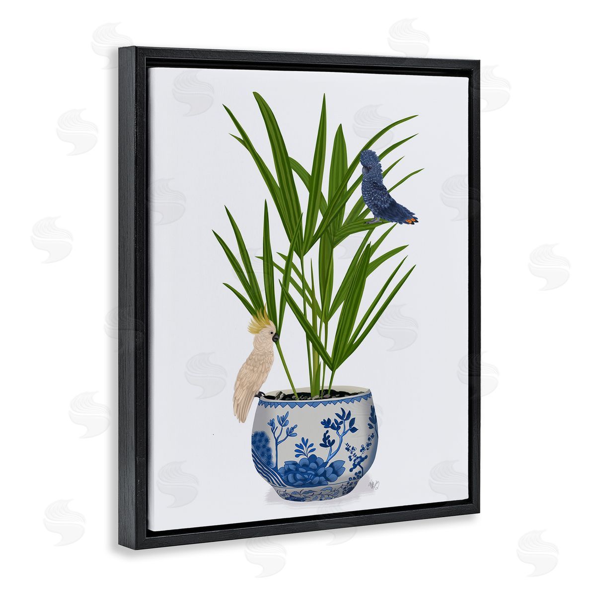 Cockatiels on Planter Black Floating Frame Canvas Wall Art, Home Decor by Fab Funky