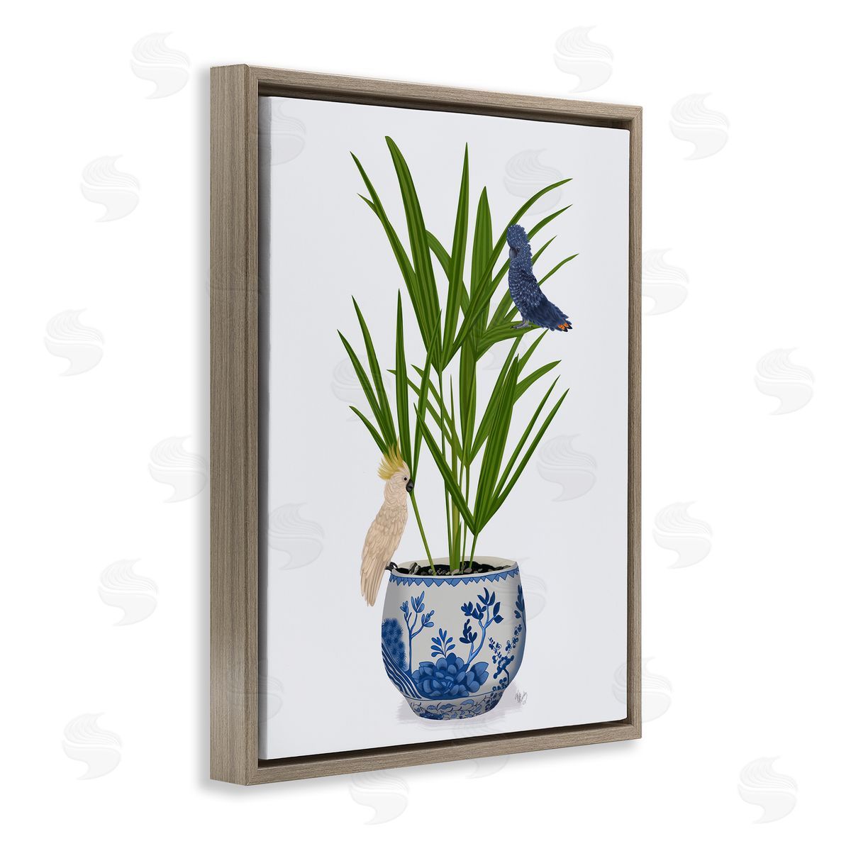 Cockatiels on Planter Brown Floating Frame Canvas Wall Art, Home Decor by Fab Funky