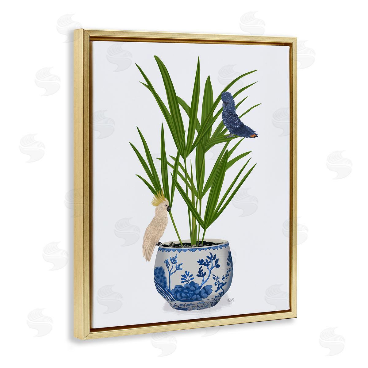 Cockatiels on Planter Gold Floating Frame Canvas Wall Art, Home Decor by Fab Funky