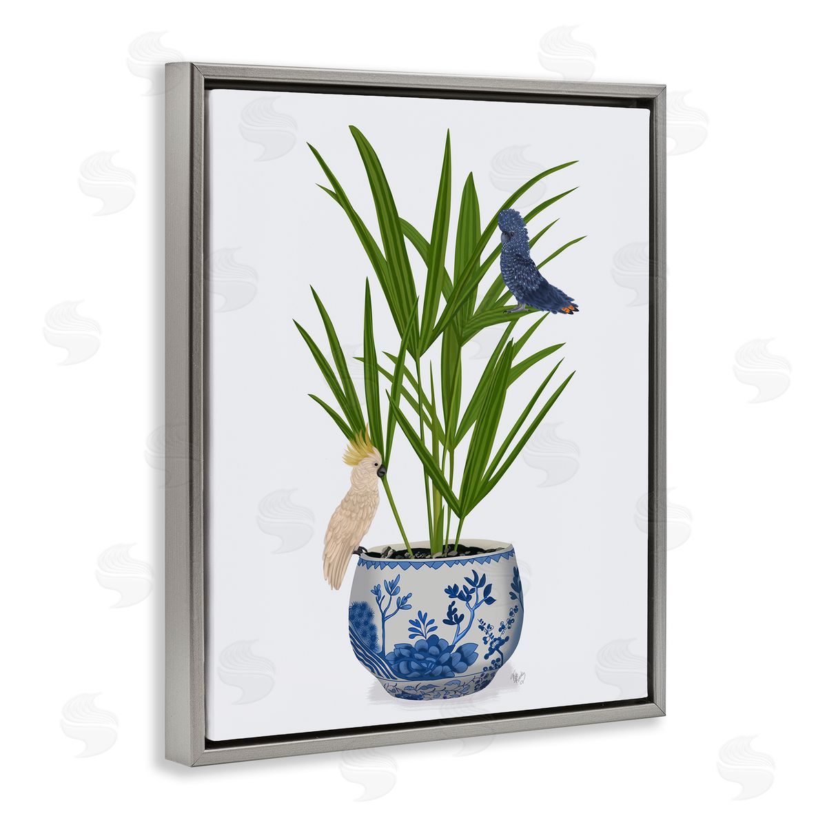 Cockatiels on Planter Grey Floating Frame Canvas Wall Art, Home Decor by Fab Funky