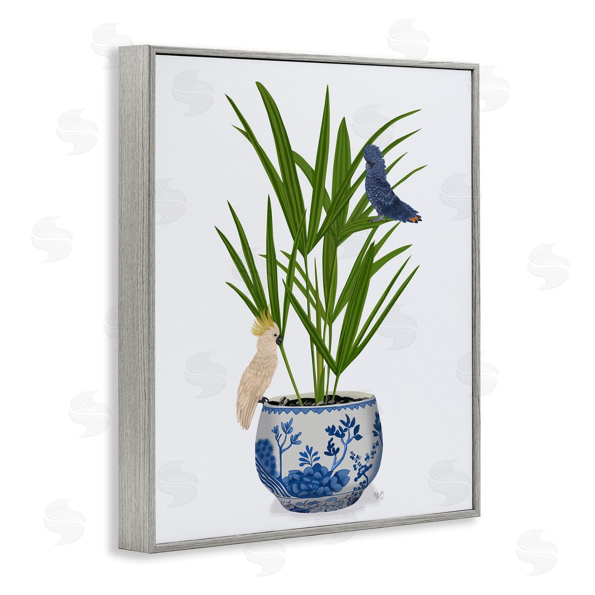 Cockatiels on Planter Grey Frame Print Wall Art, Home Decor by Fab Funky