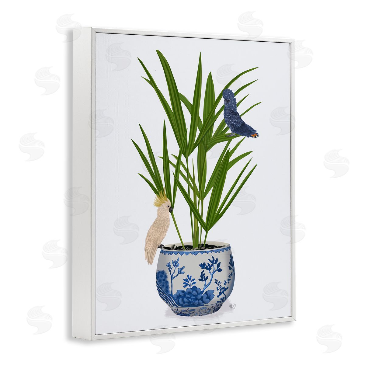Cockatiels on Planter White Frame Print Wall Art, Home Decor by Fab Funky