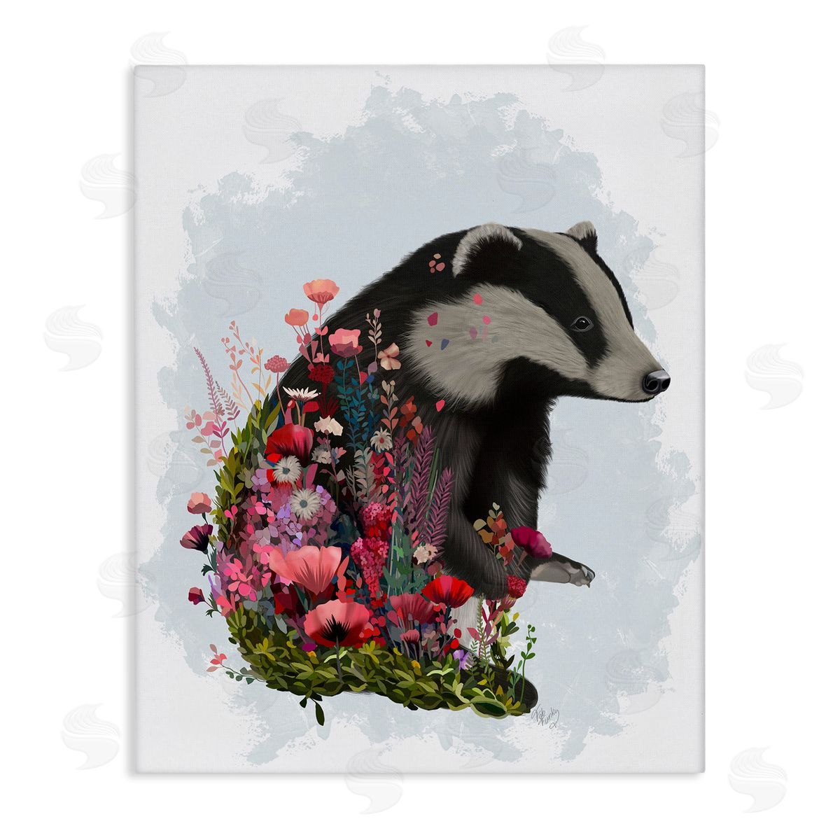 Badger with Garden Blooms Canvas Wall Art, Home Decor by Fab Funky