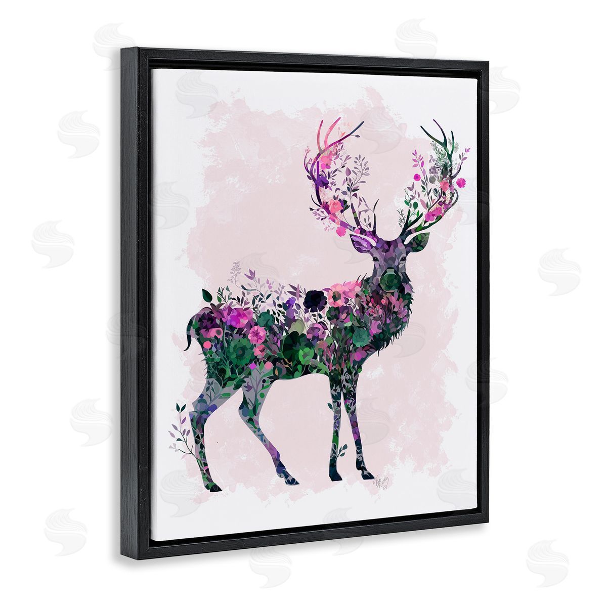 Wildflower Patterned Deer Black Floating Frame Canvas Wall Art, Home Decor by Fab Funky