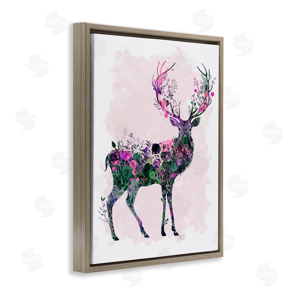 Wildflower Patterned Deer Brown Floating Frame Canvas Wall Art, Home Decor by Fab Funky