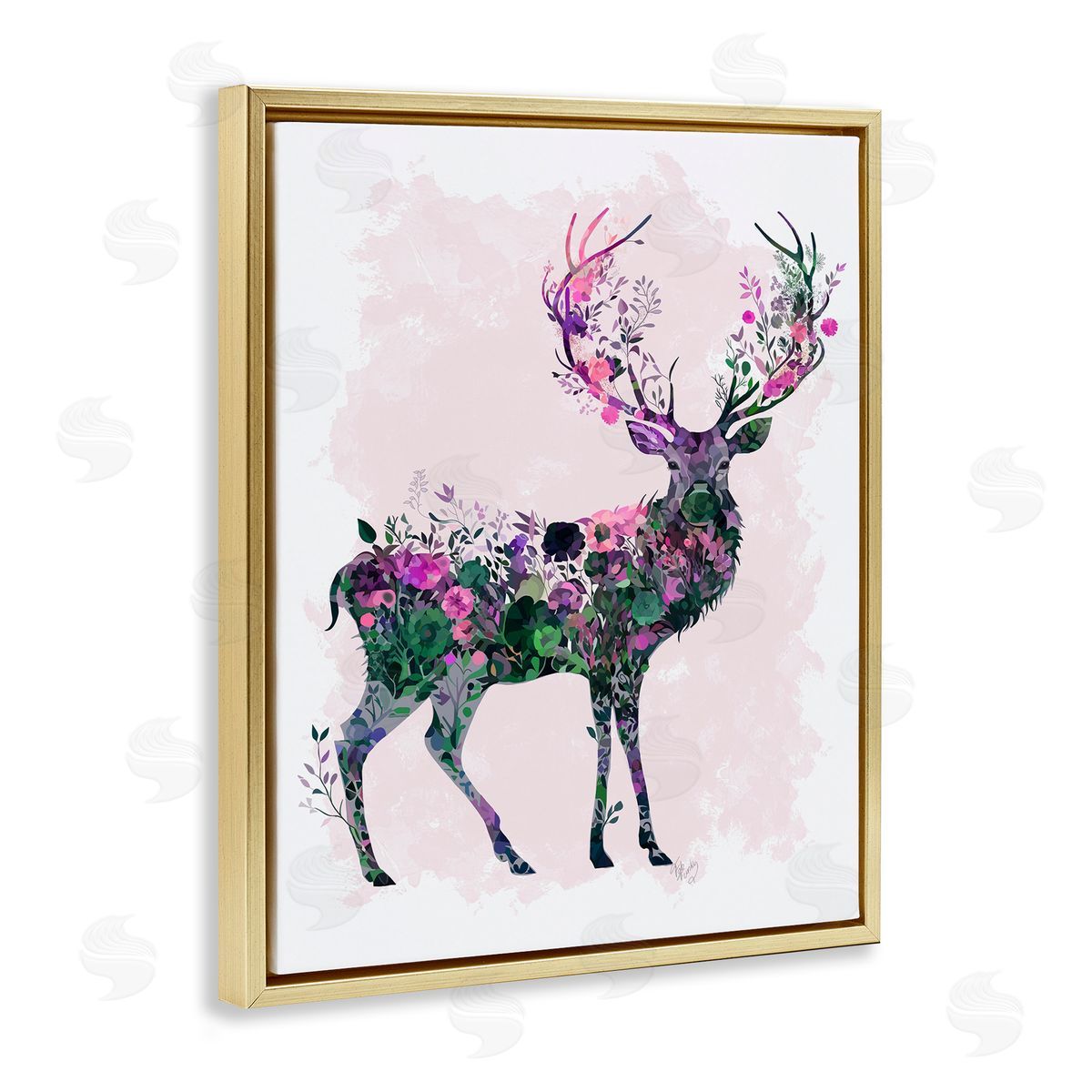 Wildflower Patterned Deer Gold Floating Frame Canvas Wall Art, Home Decor by Fab Funky