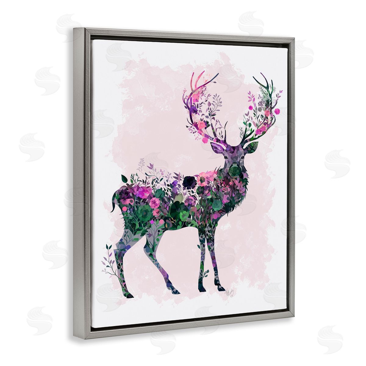 Wildflower Patterned Deer Grey Floating Frame Canvas Wall Art, Home Decor by Fab Funky