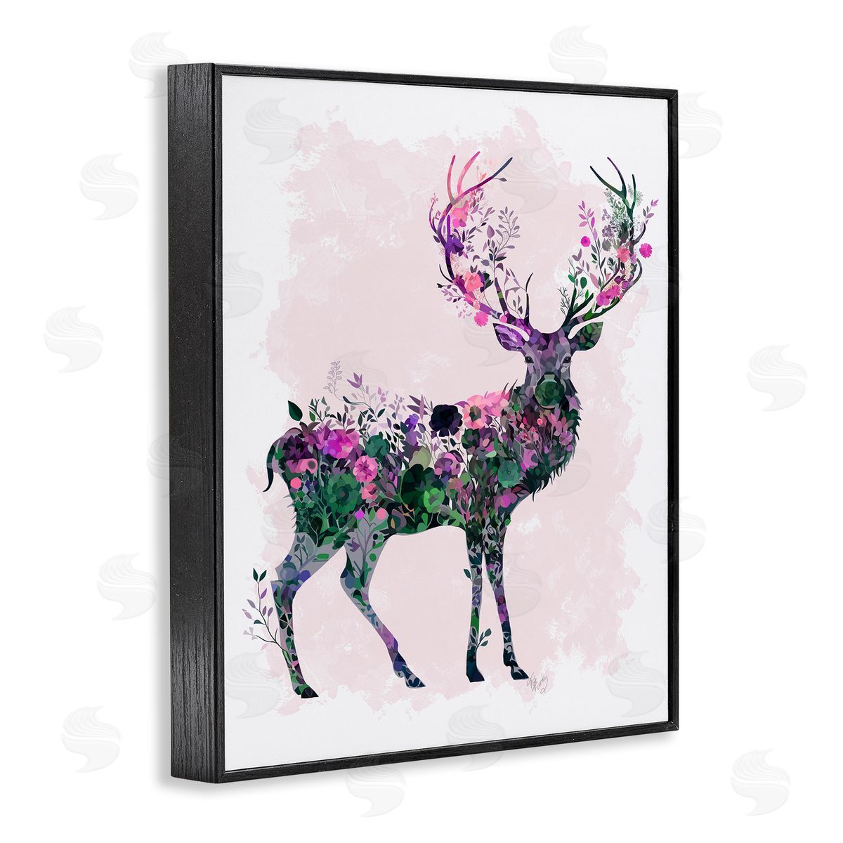 Wildflower Patterned Deer Black Frame Print Wall Art, Home Decor by Fab Funky
