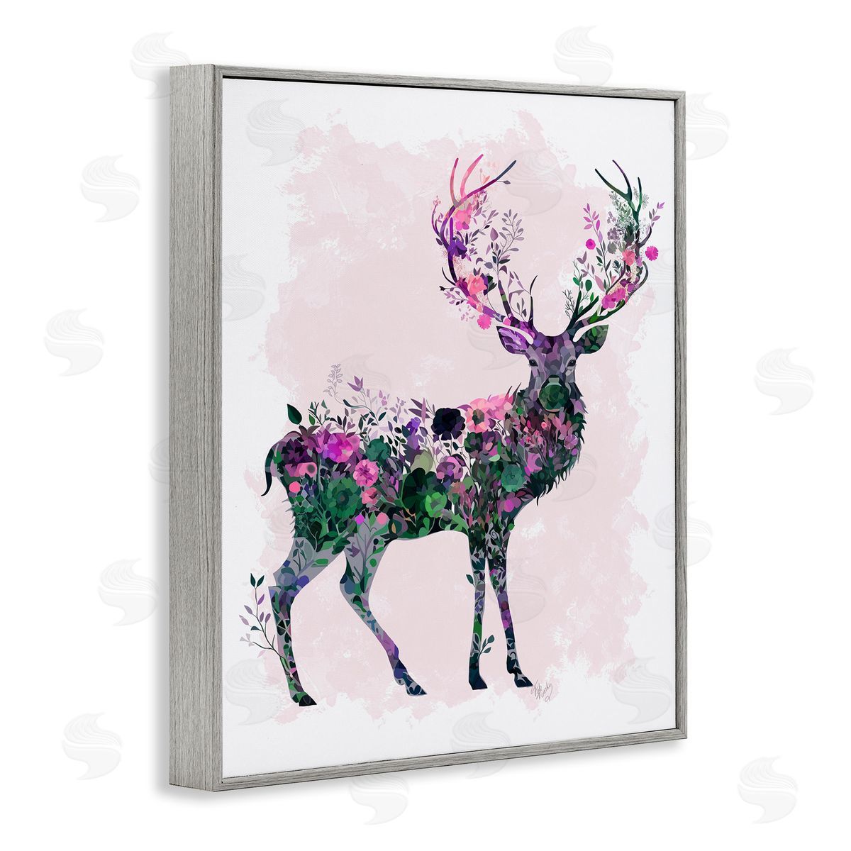 Wildflower Patterned Deer Grey Frame Print Wall Art, Home Decor by Fab Funky