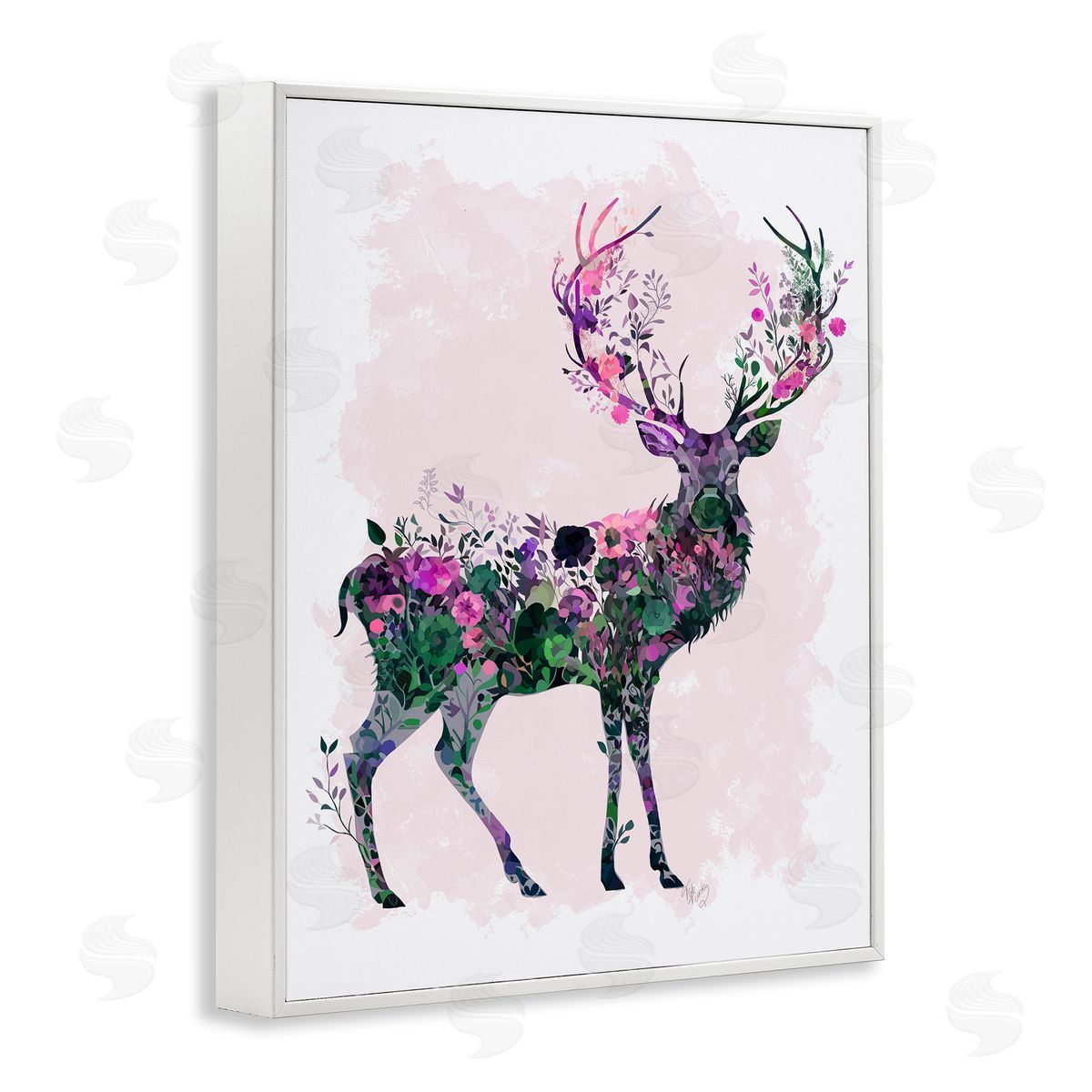 Wildflower Patterned Deer White Frame Print Wall Art, Home Decor by Fab Funky