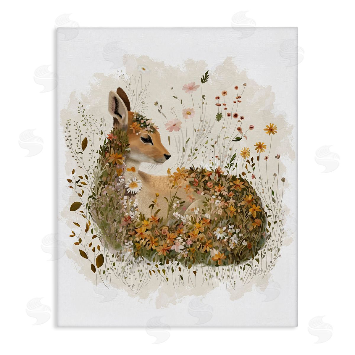 Daisy and Wildflower Fawn Canvas Wall Art, Home Decor by Fab Funky