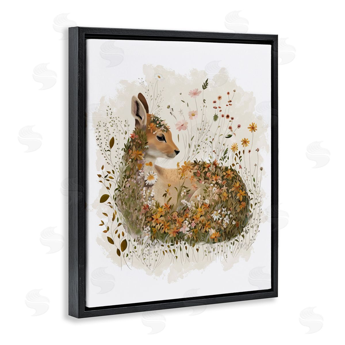 Daisy and Wildflower Fawn Black Floating Frame Canvas Wall Art, Home Decor by Fab Funky