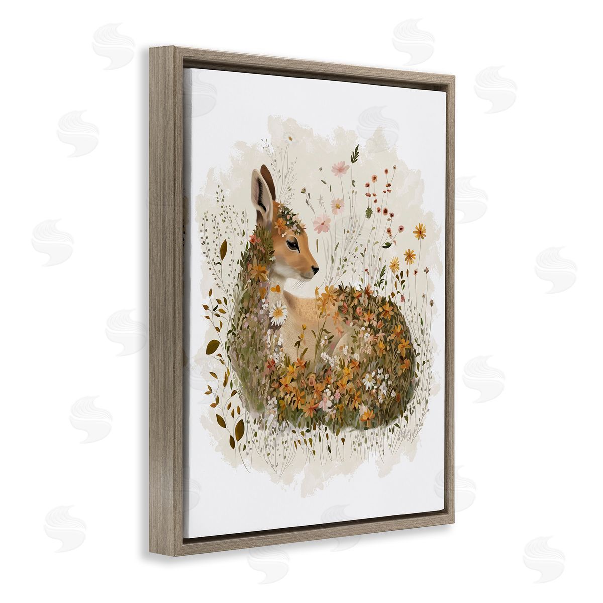 Daisy and Wildflower Fawn Brown Floating Frame Canvas Wall Art, Home Decor by Fab Funky