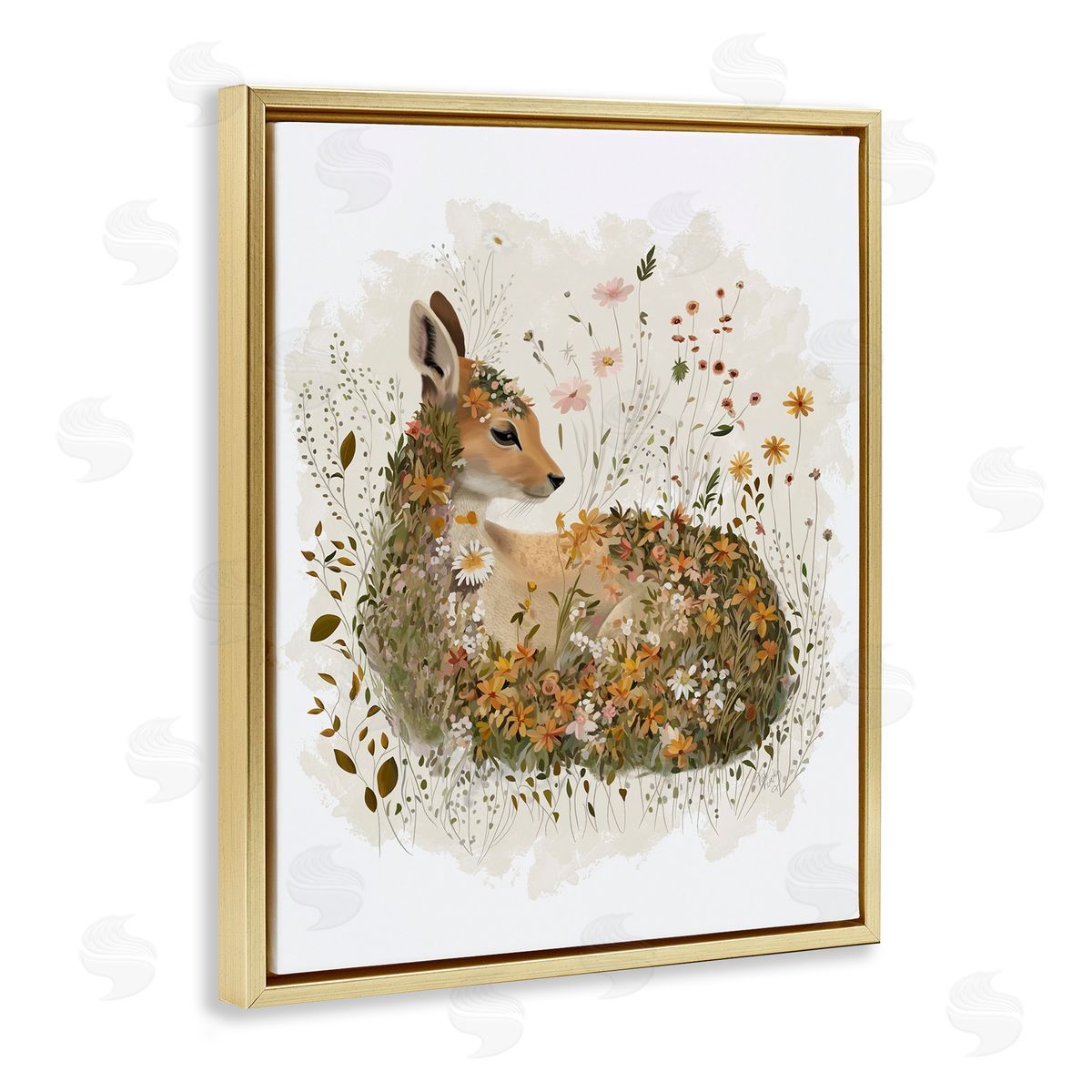 Daisy and Wildflower Fawn Gold Floating Frame Canvas Wall Art, Home Decor by Fab Funky