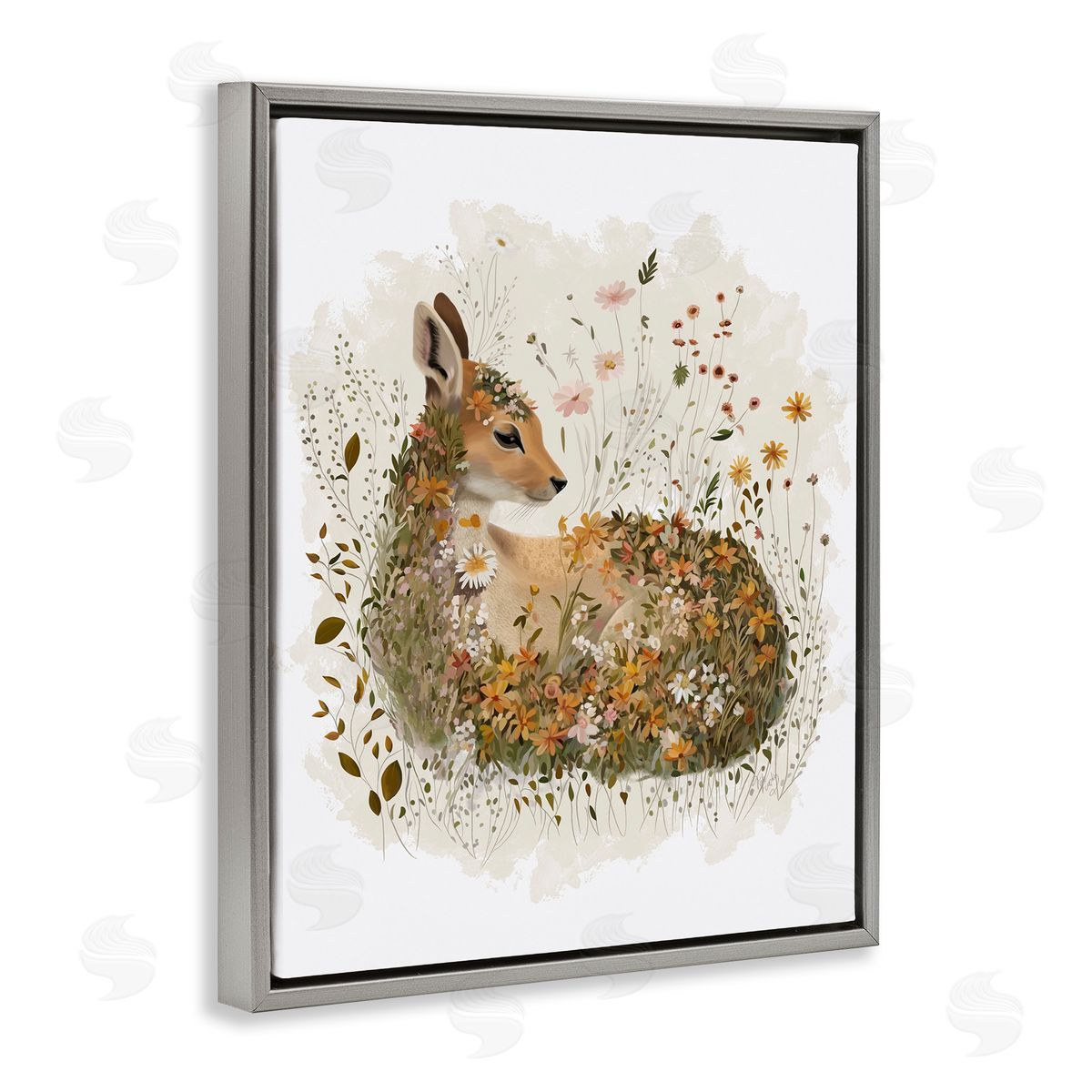 Daisy and Wildflower Fawn Grey Floating Frame Canvas Wall Art, Home Decor by Fab Funky