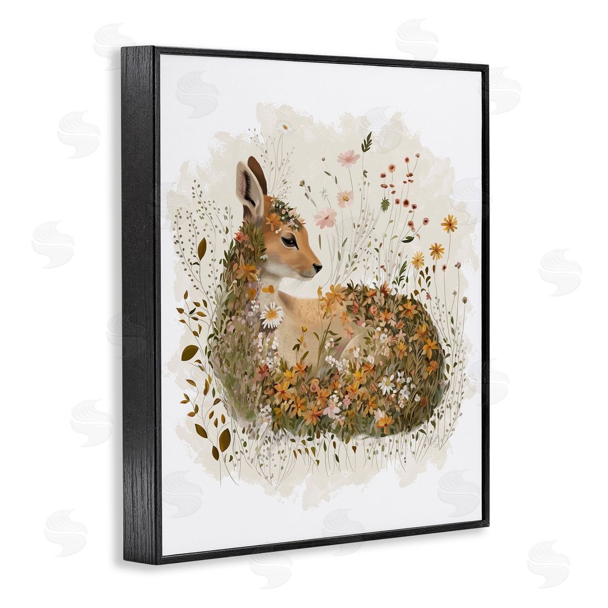 Daisy and Wildflower Fawn Black Frame Print Wall Art, Home Decor by Fab Funky