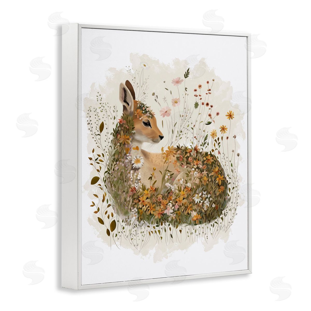 Daisy and Wildflower Fawn White Frame Print Wall Art, Home Decor by Fab Funky