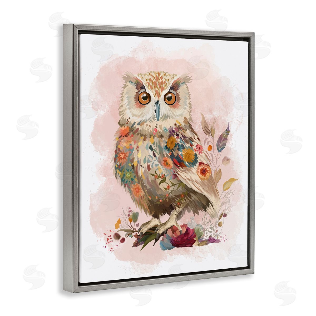 Owl and Wild Blooms Grey Floating Frame Canvas Wall Art, Home Decor by Fab Funky