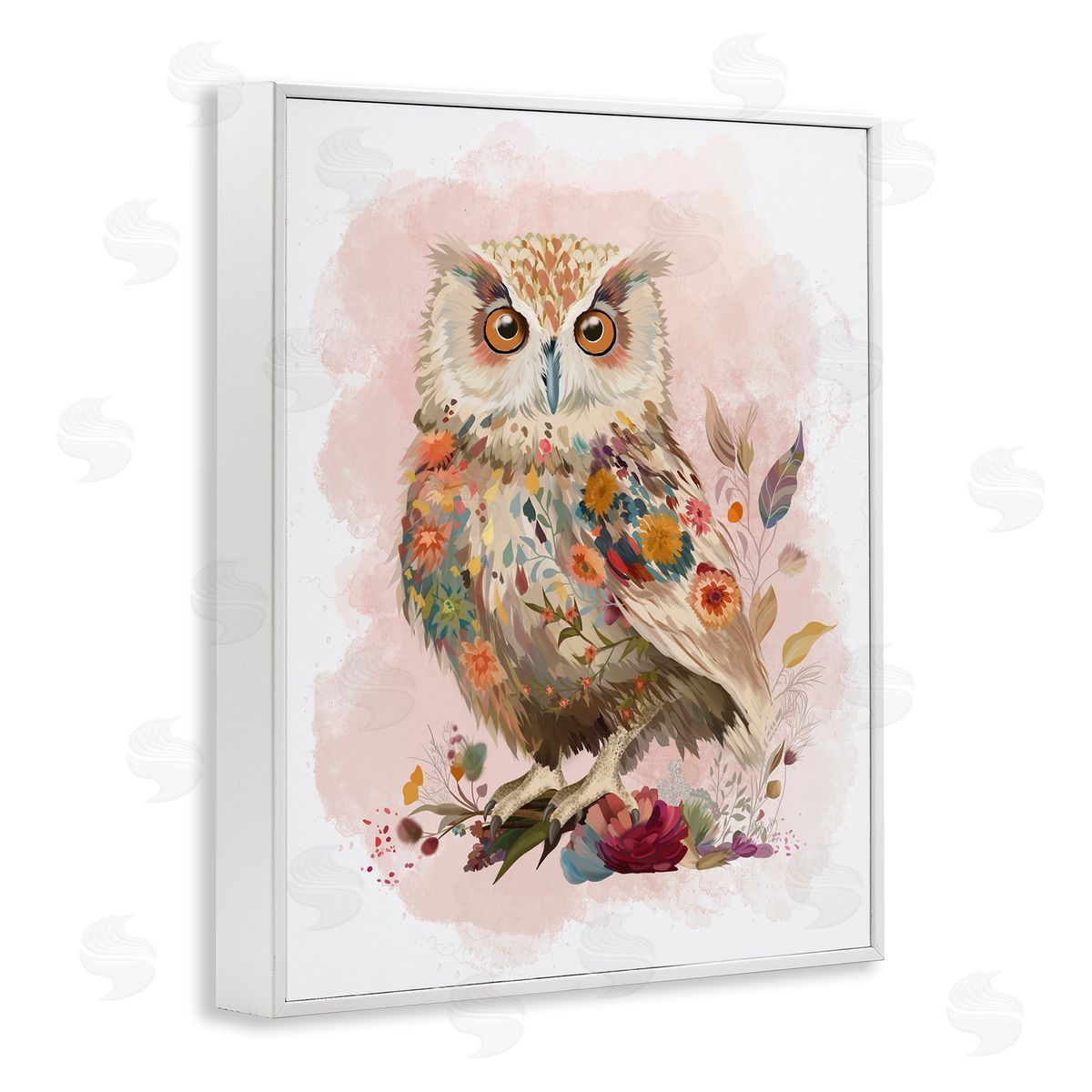 Owl and Wild Blooms White Frame Print Wall Art, Home Decor by Fab Funky
