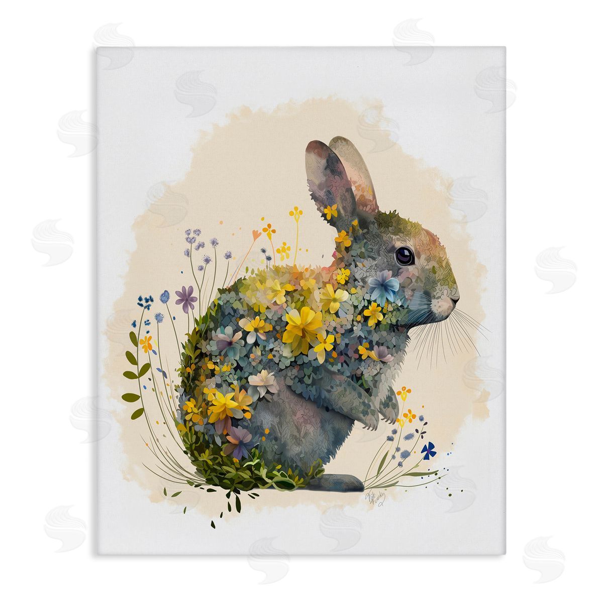 Rabbit with Buttercup Flowers Canvas Wall Art, Home Decor by Fab Funky
