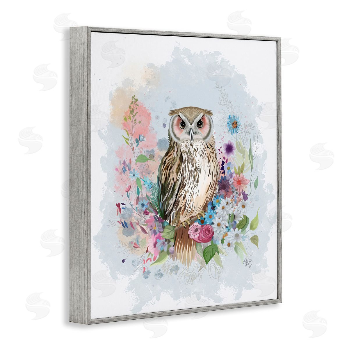 Owl and Floral Garland Grey Frame Print Wall Art, Home Decor by Fab Funky