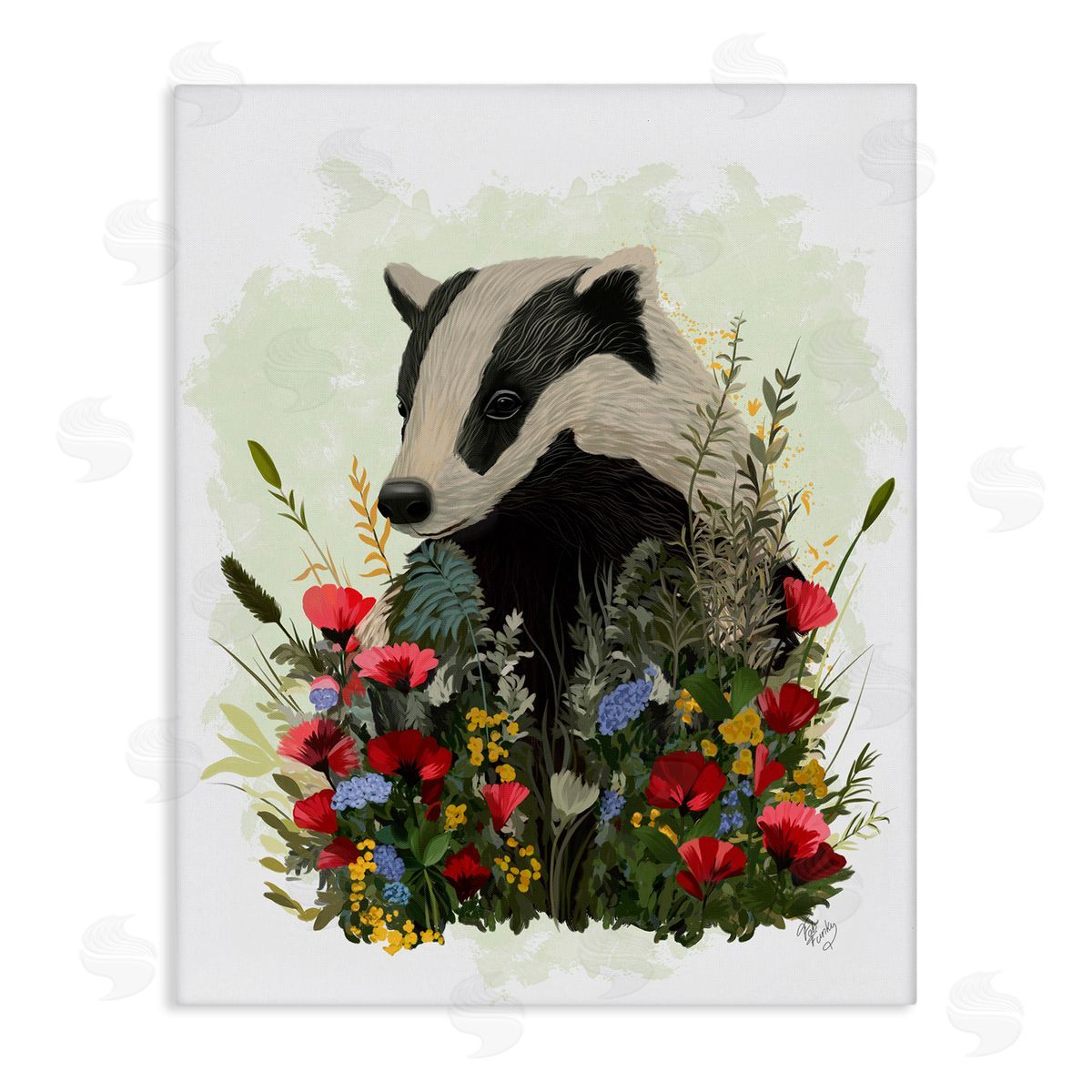 Badger with Poppy Blossoms Canvas Wall Art, Home Decor by Fab Funky