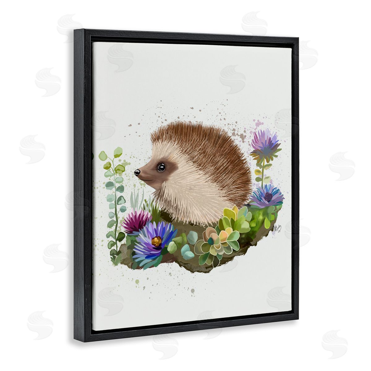 Hedgehog in Garden Black Floating Frame Canvas Wall Art, Home Decor by Fab Funky