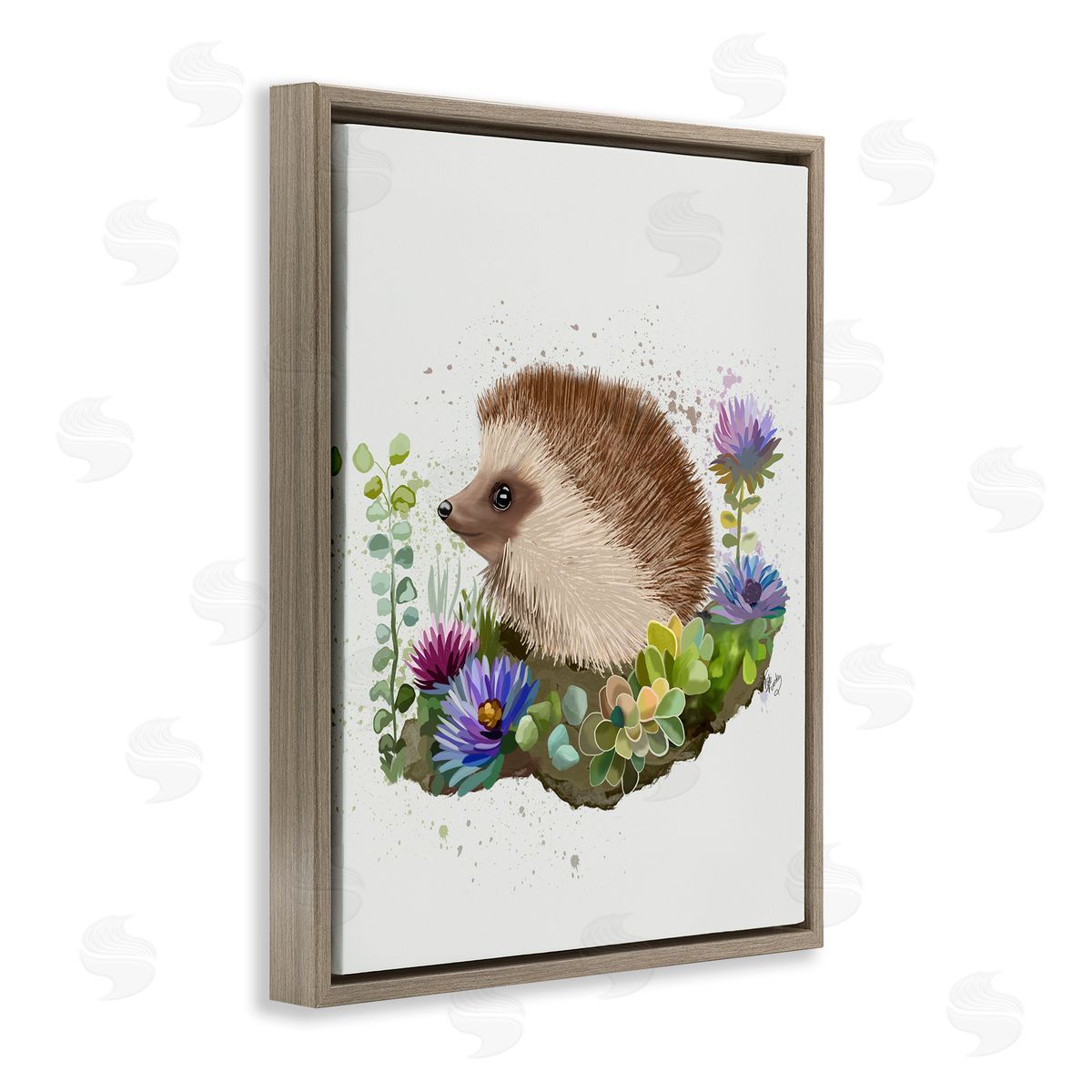 Hedgehog in Garden Brown Floating Frame Canvas Wall Art, Home Decor by Fab Funky