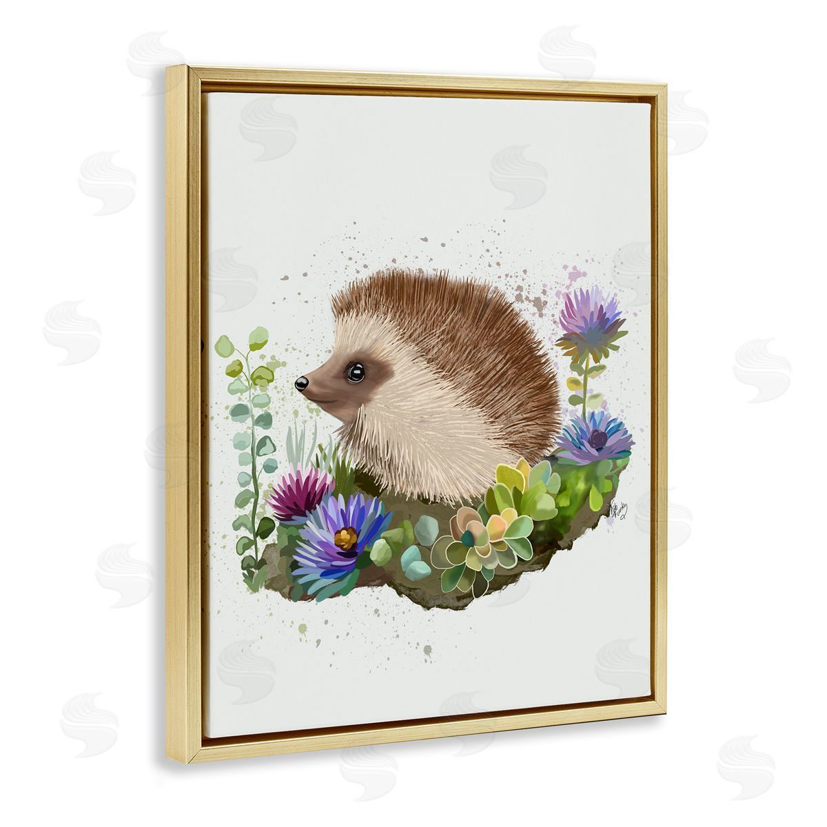 Hedgehog in Garden Gold Floating Frame Canvas Wall Art, Home Decor by Fab Funky