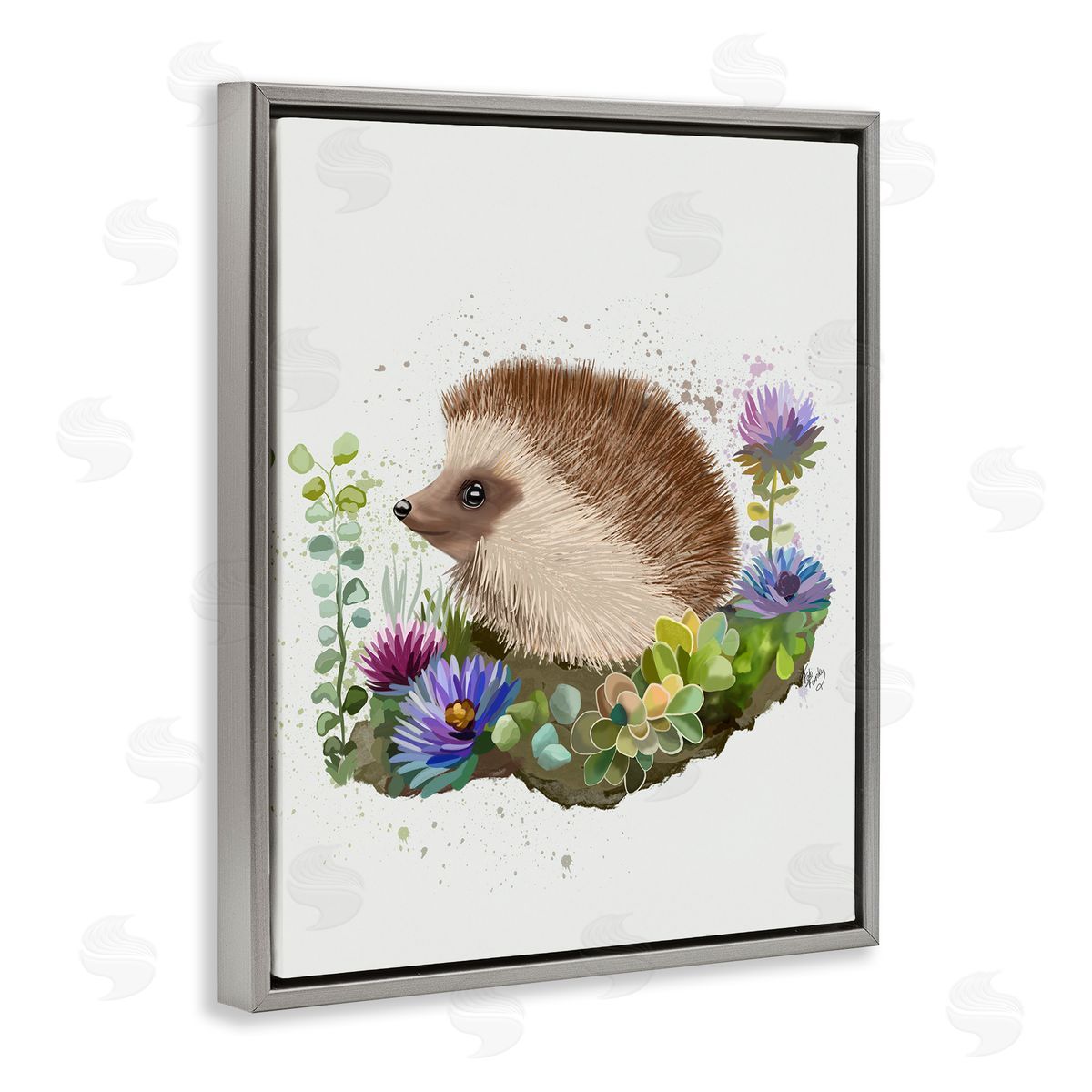 Hedgehog in Garden Grey Floating Frame Canvas Wall Art, Home Decor by Fab Funky