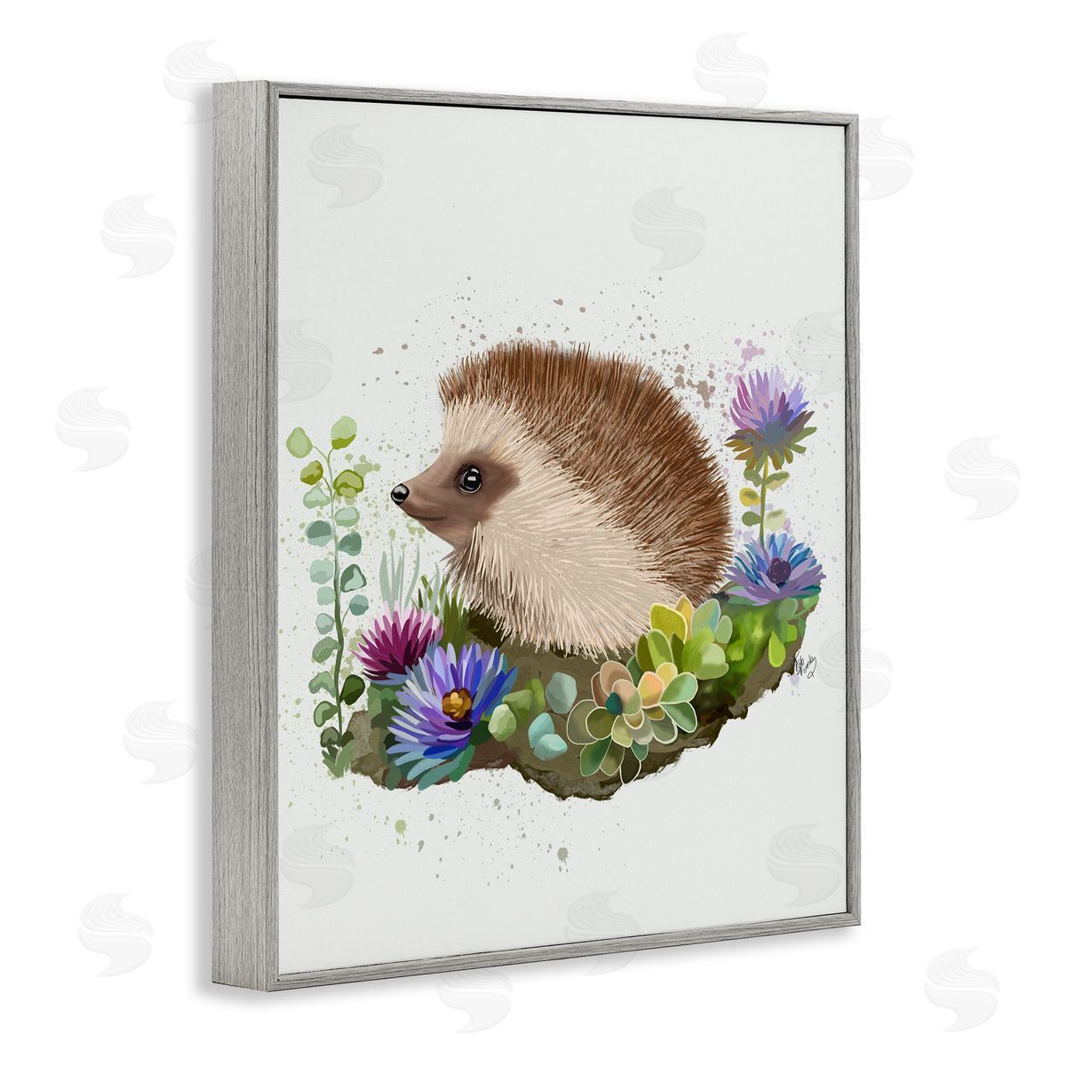 Hedgehog in Garden Grey Frame Print Wall Art, Home Decor by Fab Funky