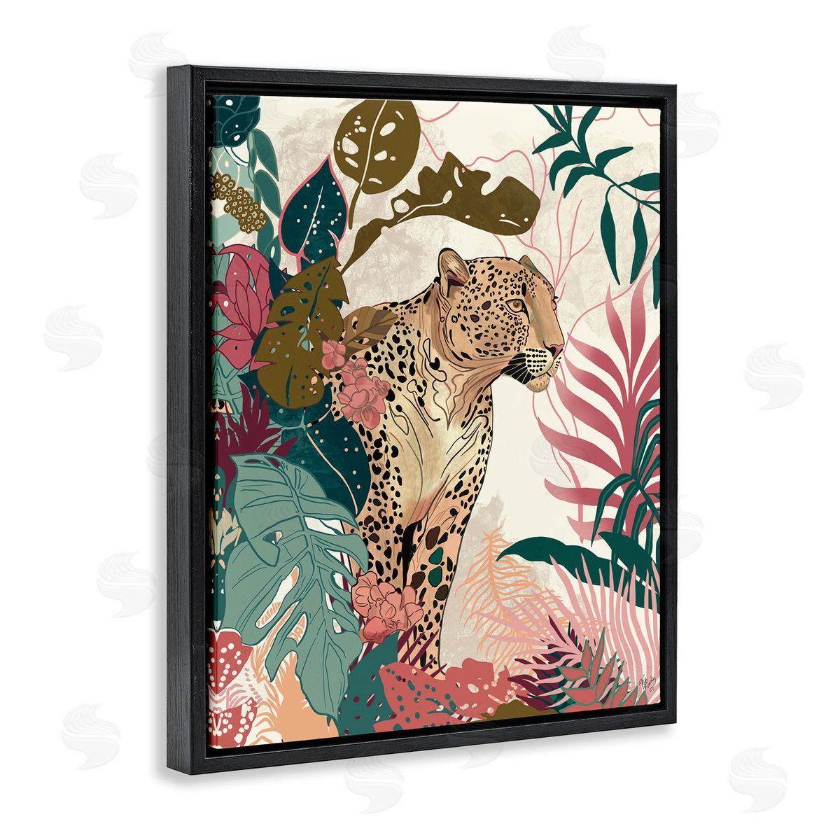 Cheetah Tropical Leaf Pattern Black Floating Frame Canvas Wall Art, Home Decor by Fab Funky