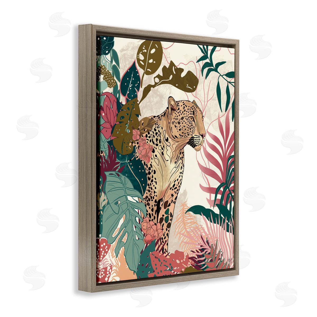 Cheetah Tropical Leaf Pattern Brown Floating Frame Canvas Wall Art, Home Decor by Fab Funky