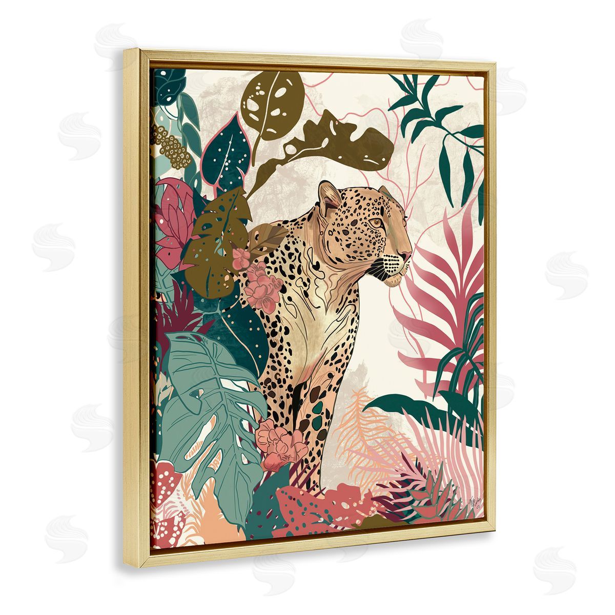 Cheetah Tropical Leaf Pattern Gold Floating Frame Canvas Wall Art, Home Decor by Fab Funky