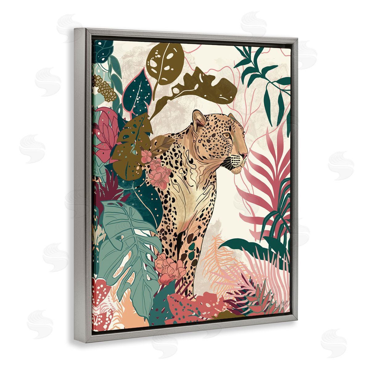 Cheetah Tropical Leaf Pattern Grey Floating Frame Canvas Wall Art, Home Decor by Fab Funky