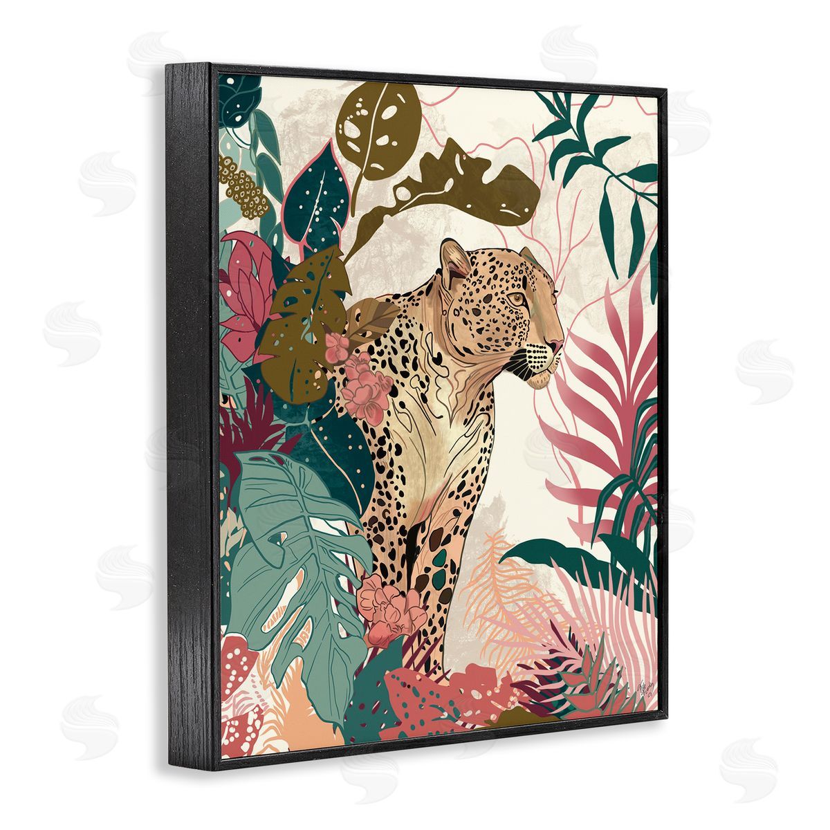 Cheetah Tropical Leaf Pattern Black Frame Print Wall Art, Home Decor by Fab Funky
