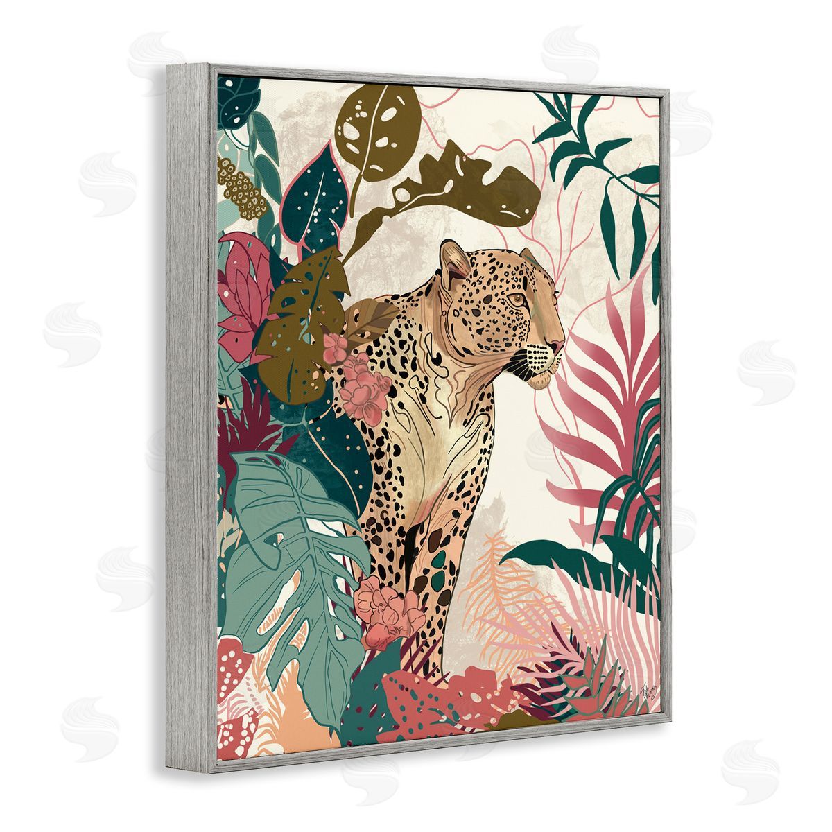 Cheetah Tropical Leaf Pattern Grey Frame Print Wall Art, Home Decor by Fab Funky