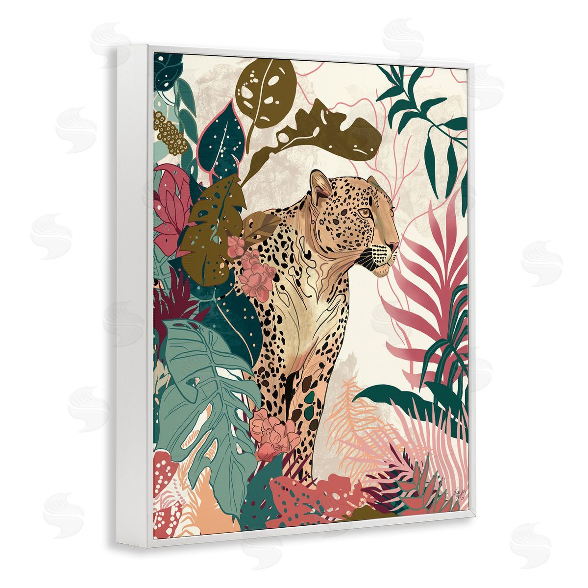Cheetah Tropical Leaf Pattern White Frame Print Wall Art, Home Decor by Fab Funky