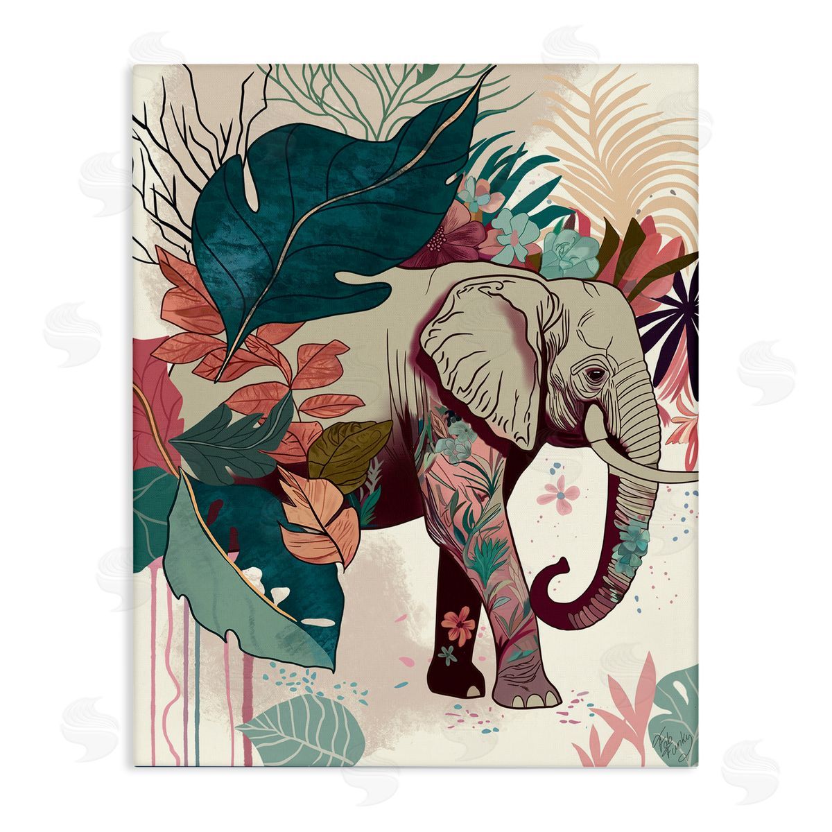 Elephant and Tropical Leaves Canvas Wall Art, Home Decor by Fab Funky