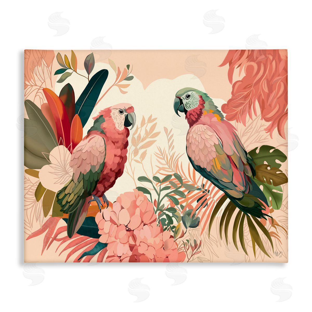 Pink Parrots and Leaves Canvas Wall Art, Home Decor by Fab Funky