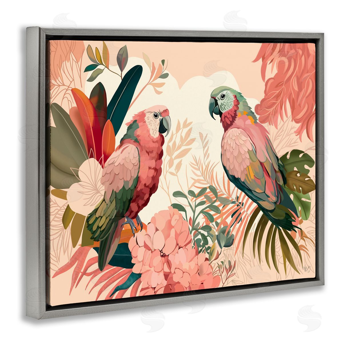 Pink Parrots and Leaves Grey Floating Frame Canvas Wall Art, Home Decor by Fab Funky