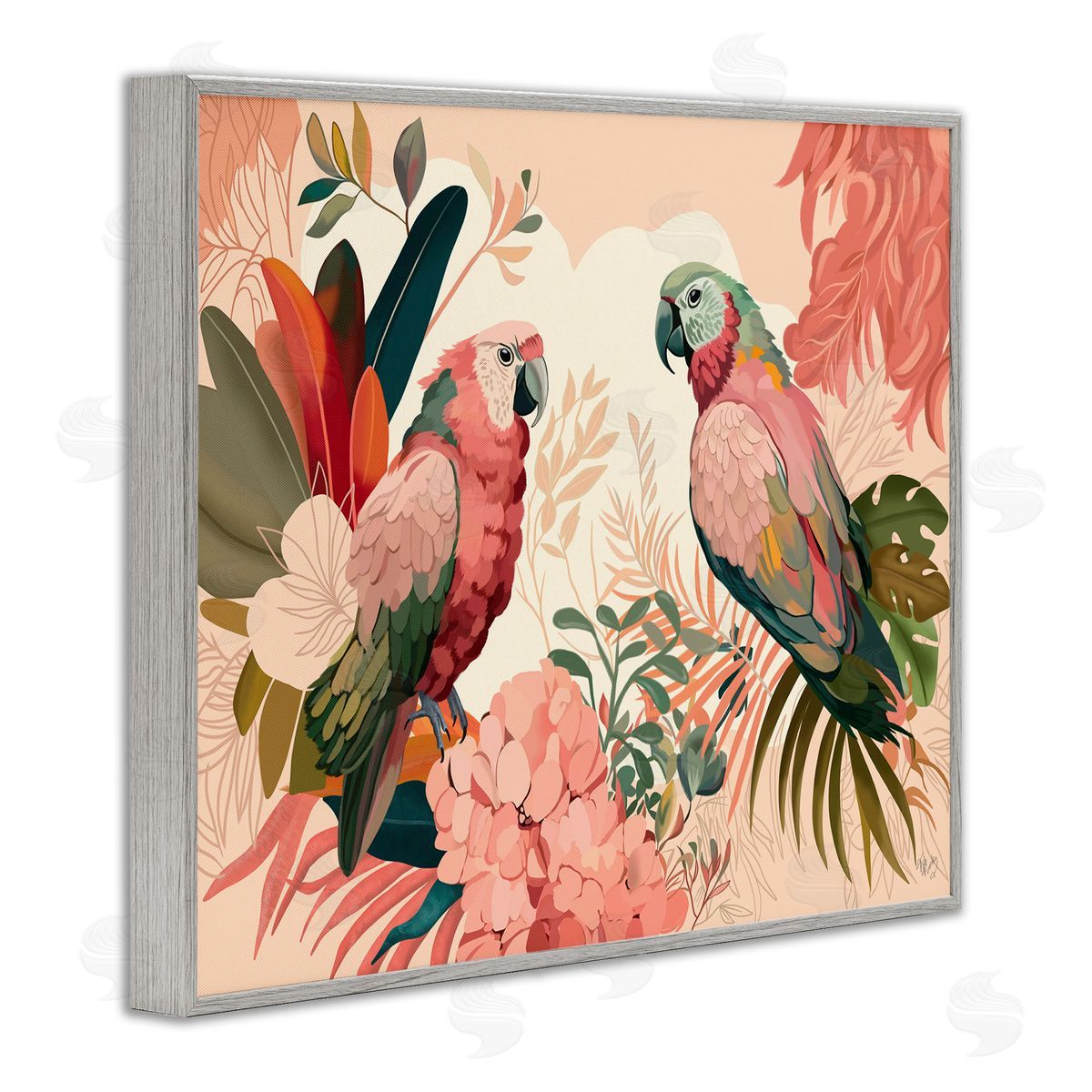 Pink Parrots and Leaves Grey Frame Print Wall Art, Home Decor by Fab Funky