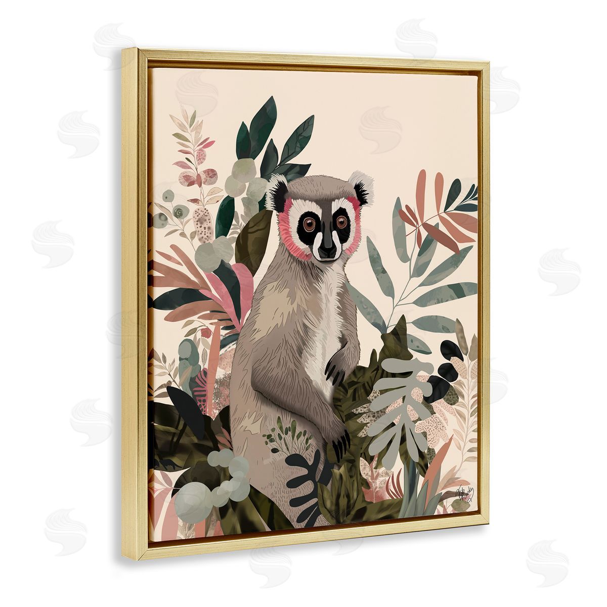 Lemur in Tropical Tree Gold Floating Frame Canvas Wall Art, Home Decor by Fab Funky