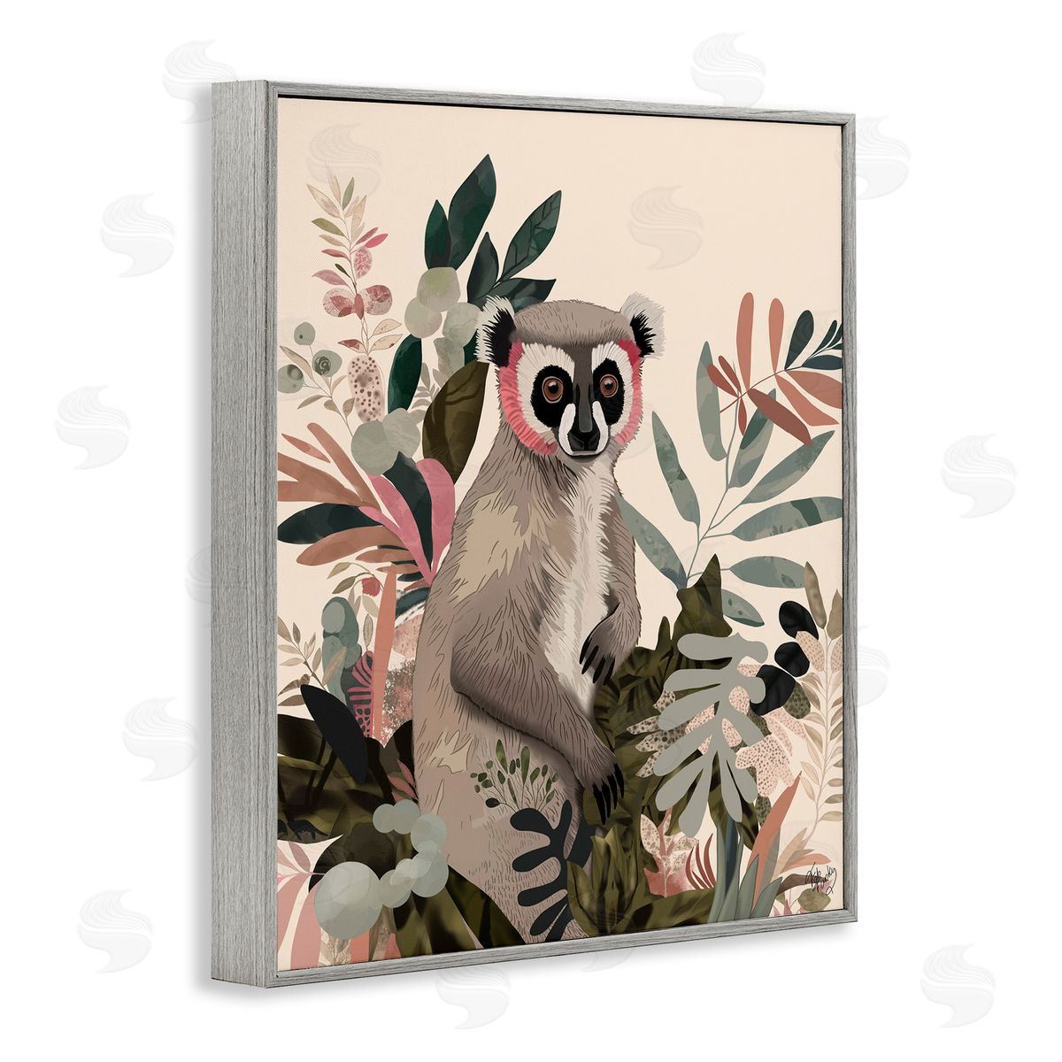 Lemur in Tropical Tree Grey Frame Print Wall Art, Home Decor by Fab Funky