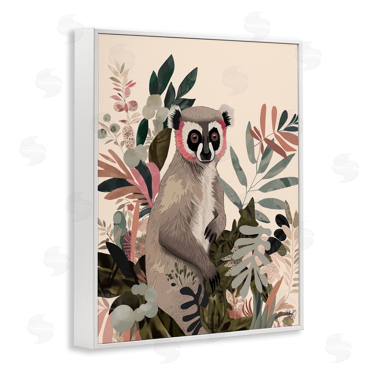 Lemur in Tropical Tree White Frame Print Wall Art, Home Decor by Fab Funky