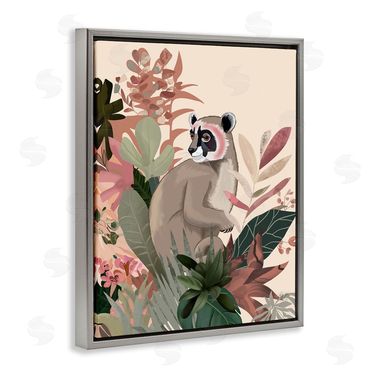 Lemur and Tropical Plants Grey Floating Frame Canvas Wall Art, Home Decor by Fab Funky