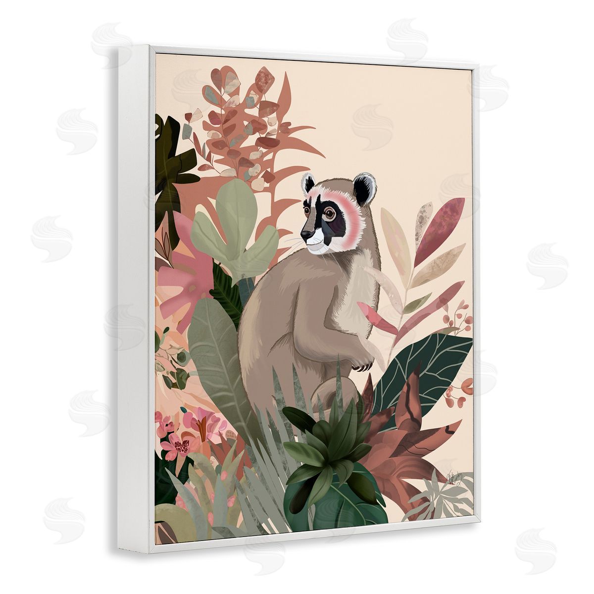 Lemur and Tropical Plants White Frame Print Wall Art, Home Decor by Fab Funky