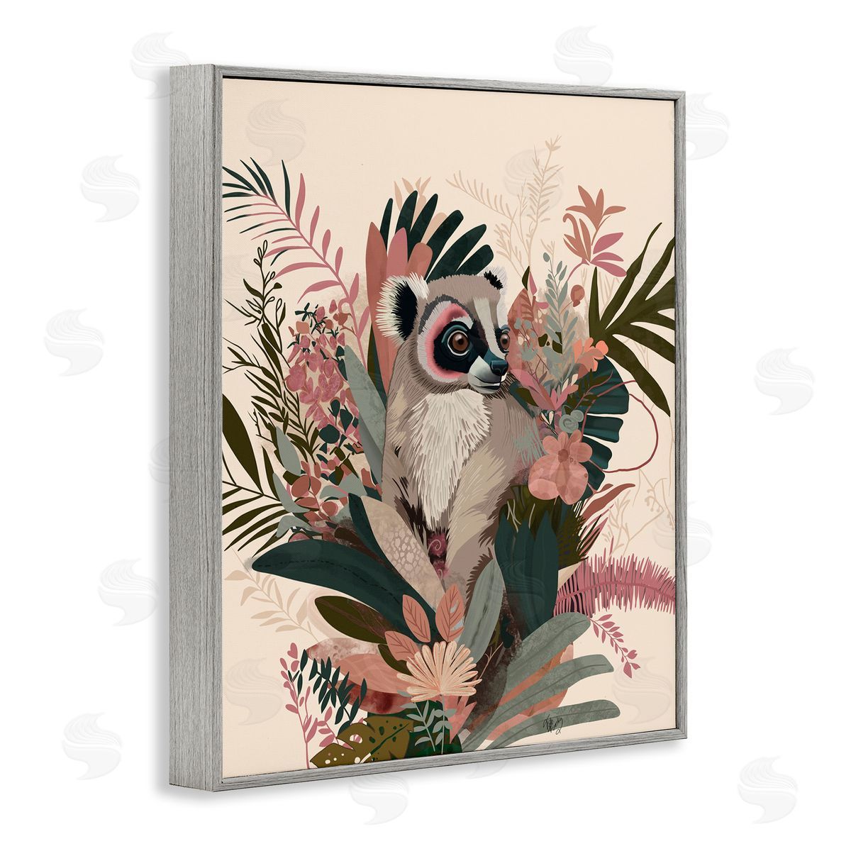 Lemur with Hibiscus Plants Grey Frame Print Wall Art, Home Decor by Fab Funky