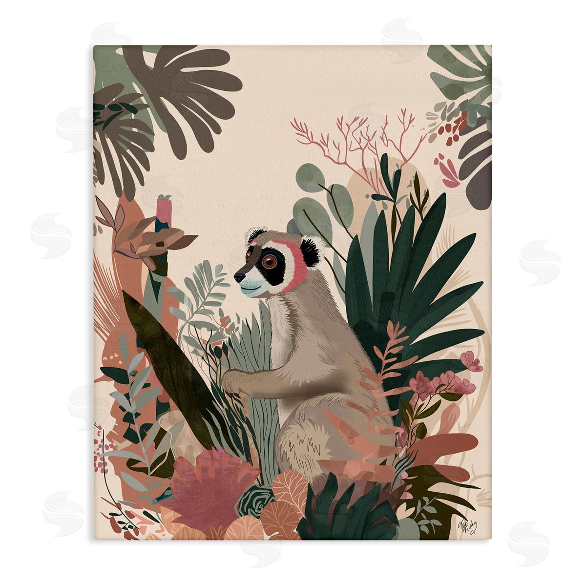 Happy Lemur and Plants Canvas Wall Art, Home Decor by Fab Funky